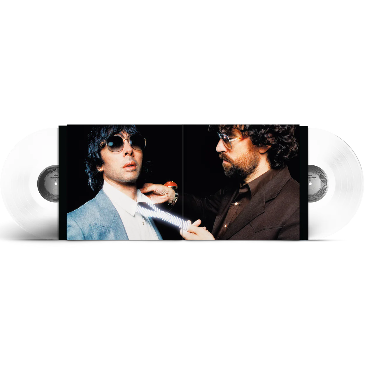 Close-up photo of the clear vinyl record included in Justice's Hyperdrama album fan pack bundle.