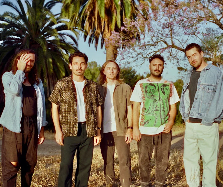The five members of Local Natives standing outdoors in front of palm trees and a blossoming tree